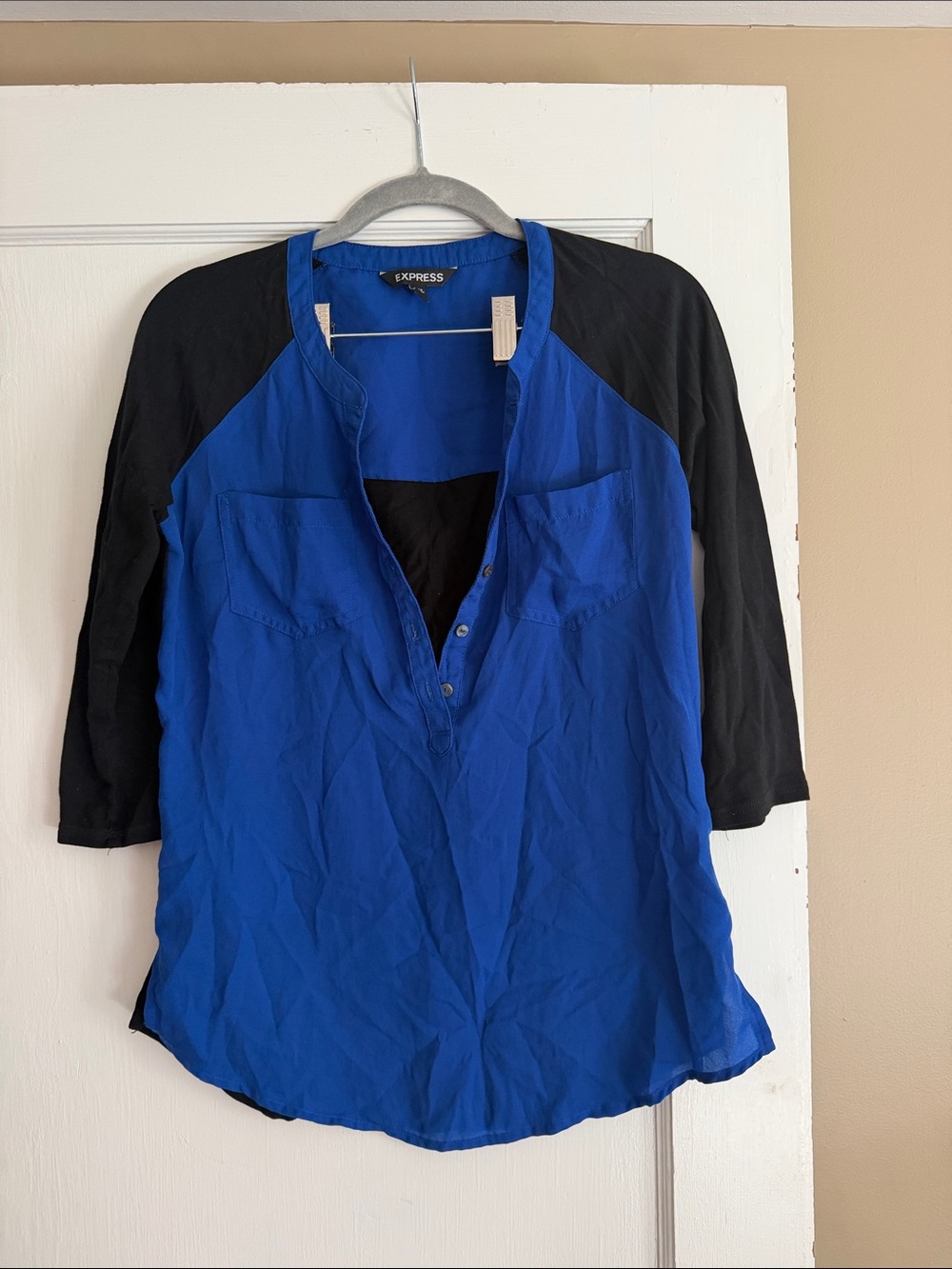 Express Blue and Black Raglan Button-Front Blouse